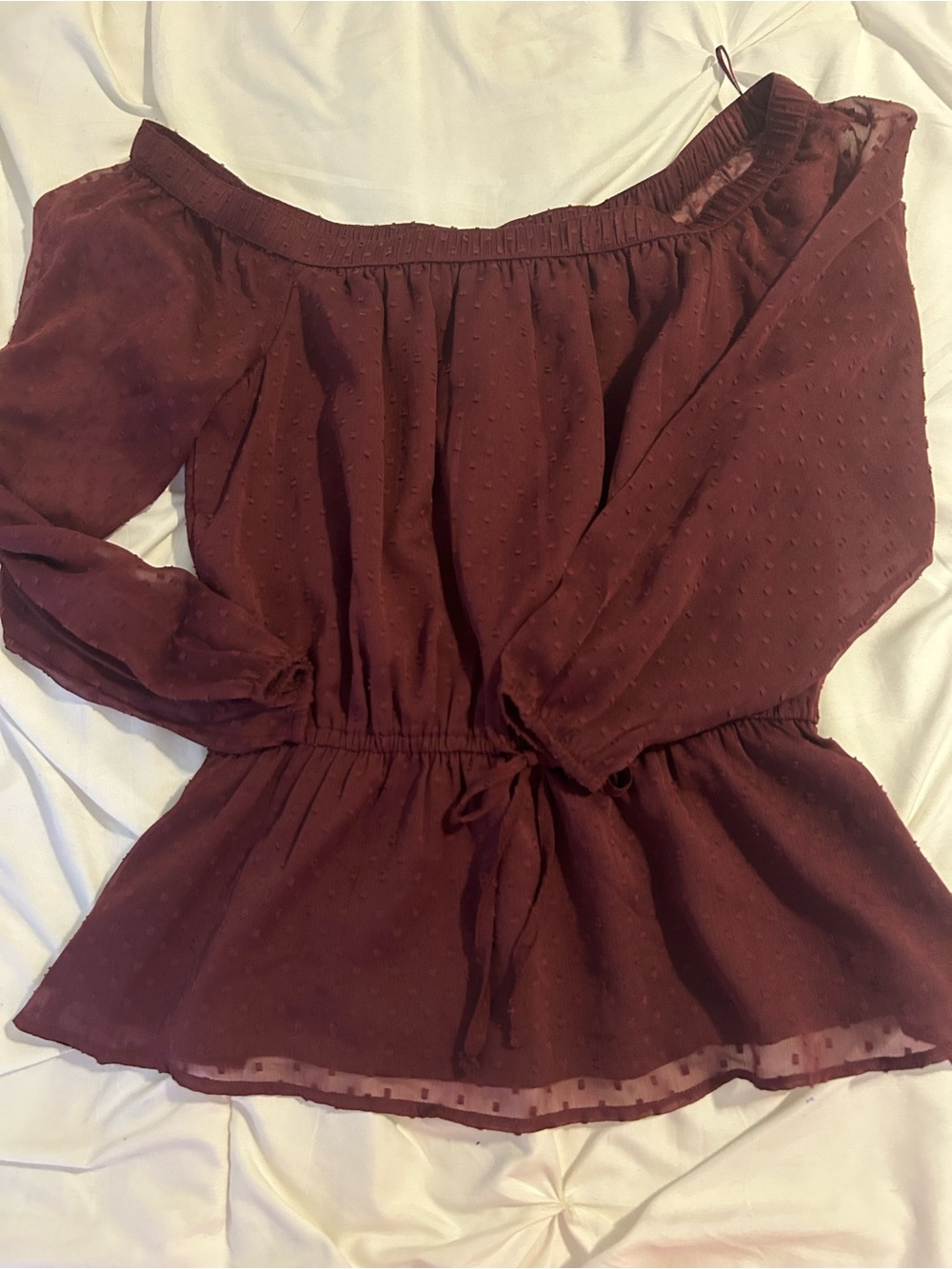 Abercrombie & Fitch Burgundy Off-the-Shoulder Swiss Dot Peplum Top